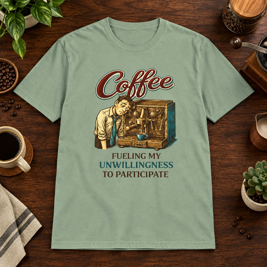 Fueling My Unwillingness T-Shirt Sage short-sleeve coffee-bar flat lay