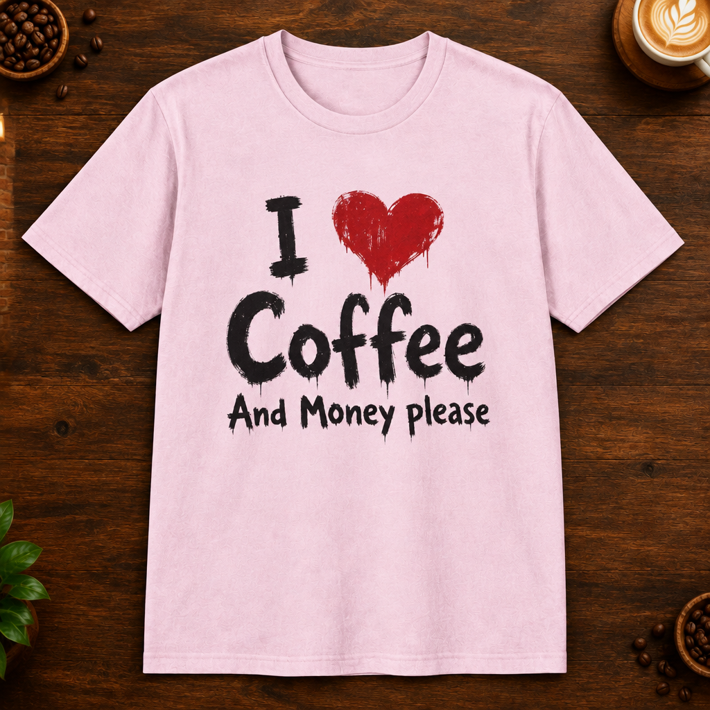 I Love Coffee T-Shirt in Light Pink on a dark wood coffee bar