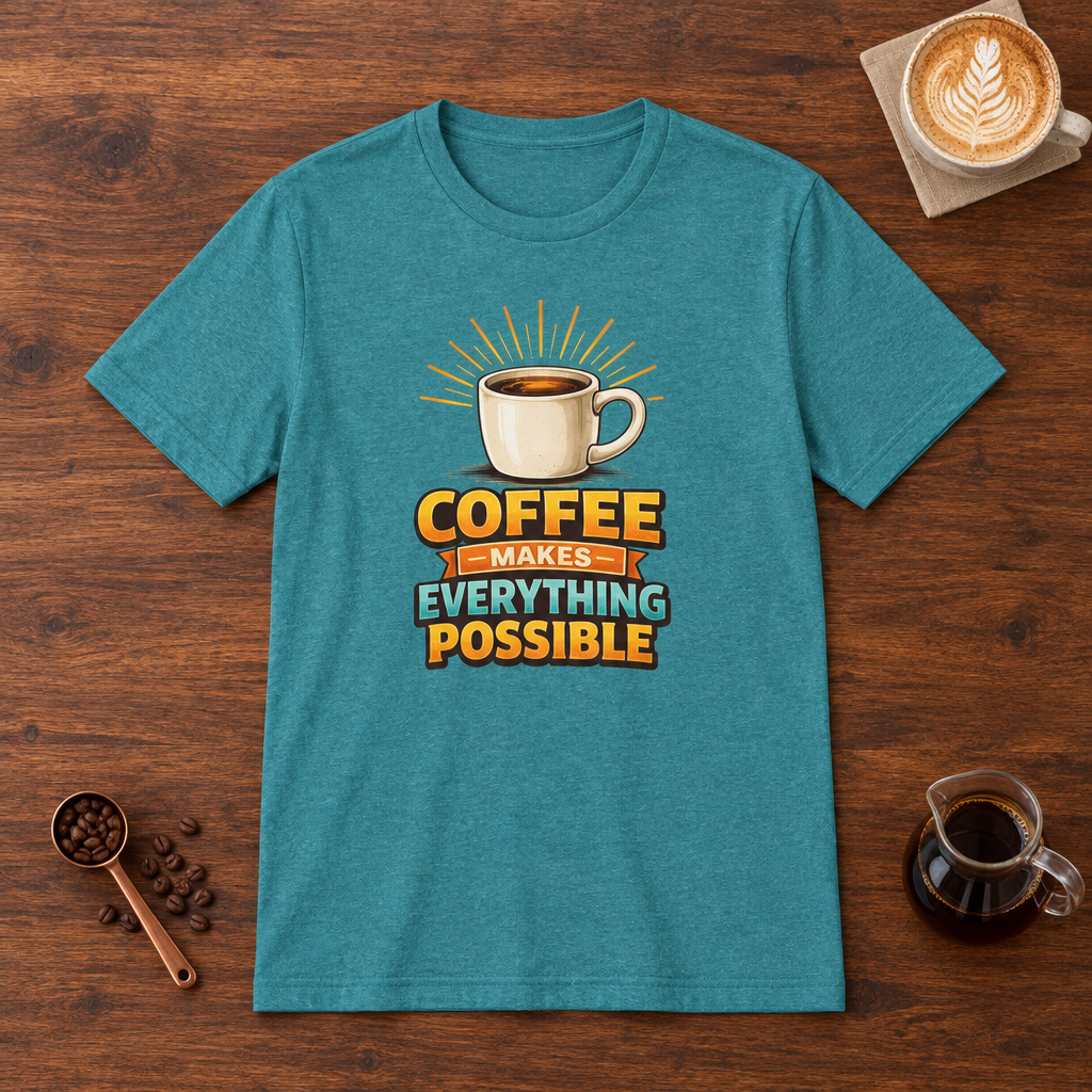 Coffee Makes Everything Possible T-Shirt Heather Galapagos Blue flat lay on walnut coffee bar