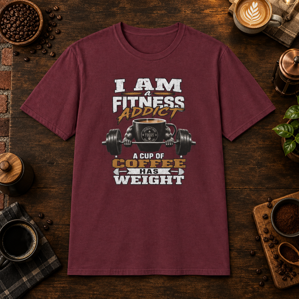 I Am a Fitness Addict T-Shirt in Maroon, coffee bar flat lay mockup