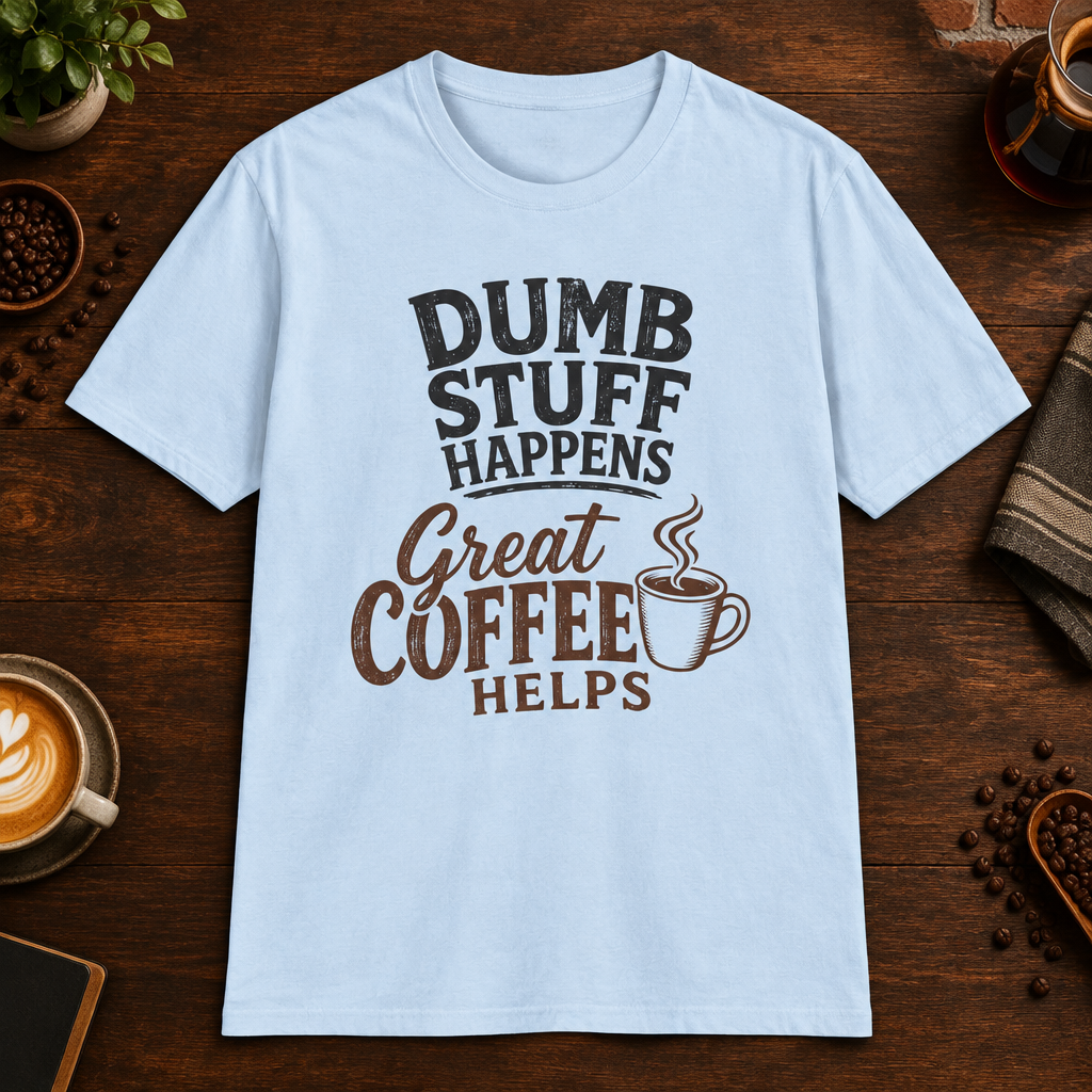 Dumb Stuff Happens T-Shirt in Light Blue, overhead coffee-bar flat-lay mockup