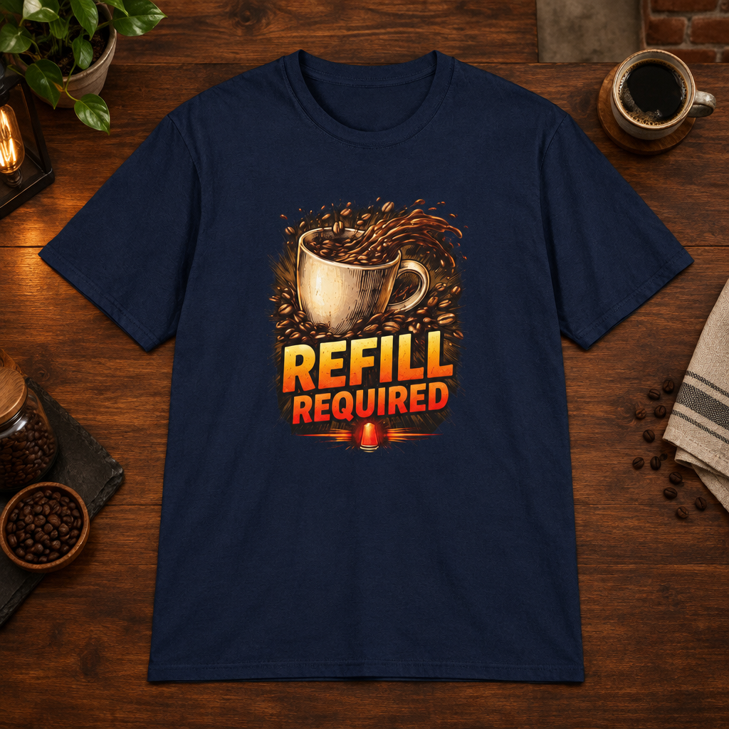 Refill Required T-Shirt Navy close-fill short-sleeve warm dark-ish coffee-bar flat lay