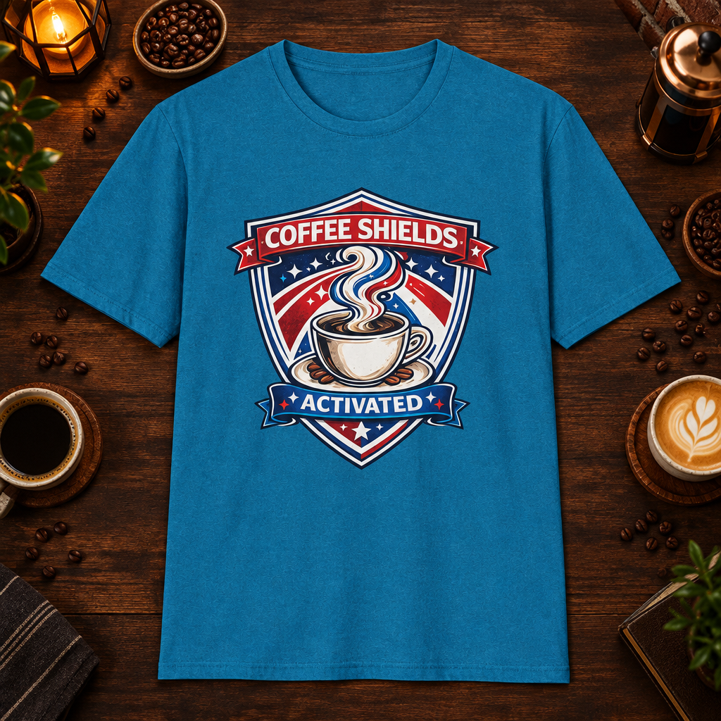 Coffee Shields Activated T-Shirt in Navy, zoomed lifestyle mockup