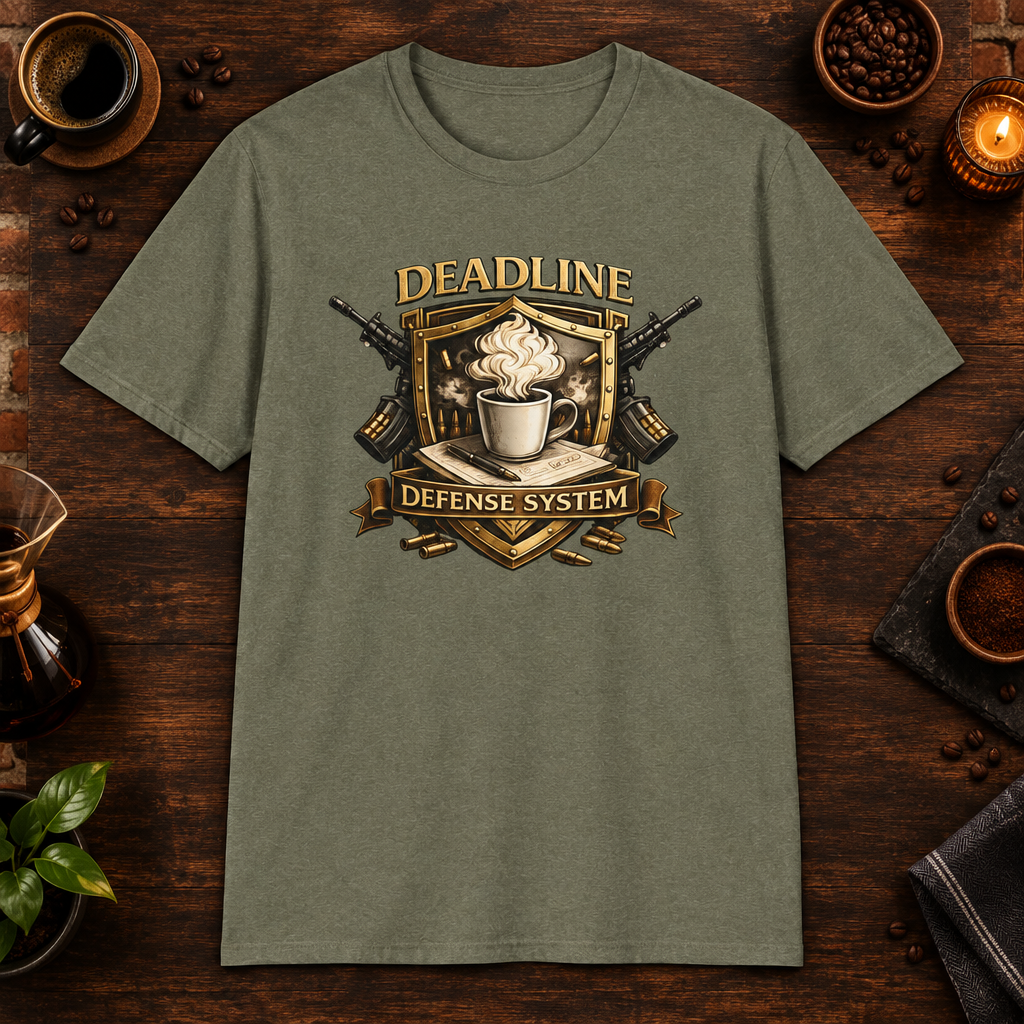 Deadline Defense System T-Shirt in Heather Military Green, zoomed lifestyle mockup