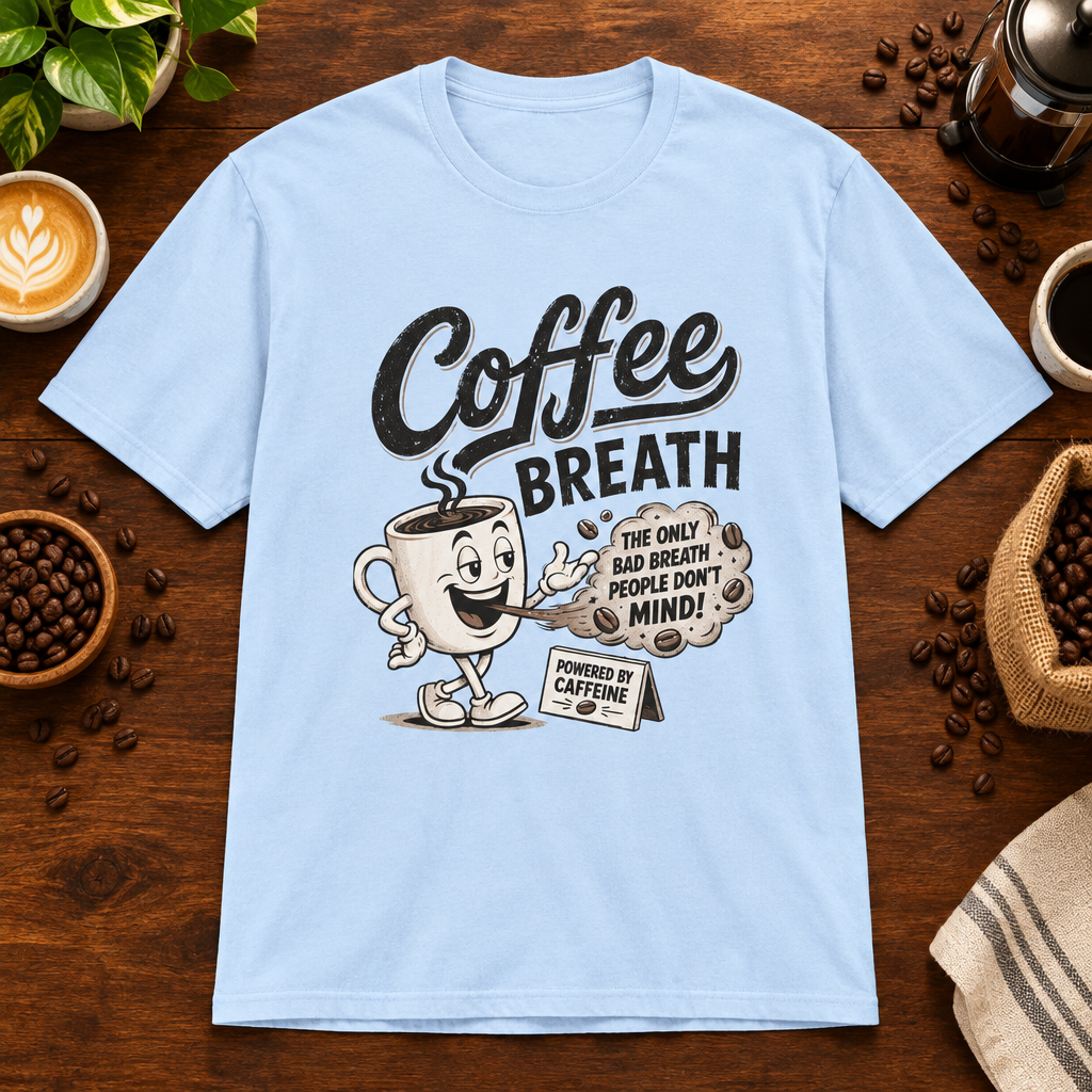Coffee Breath T-Shirt Light Blue on warm coffee bar