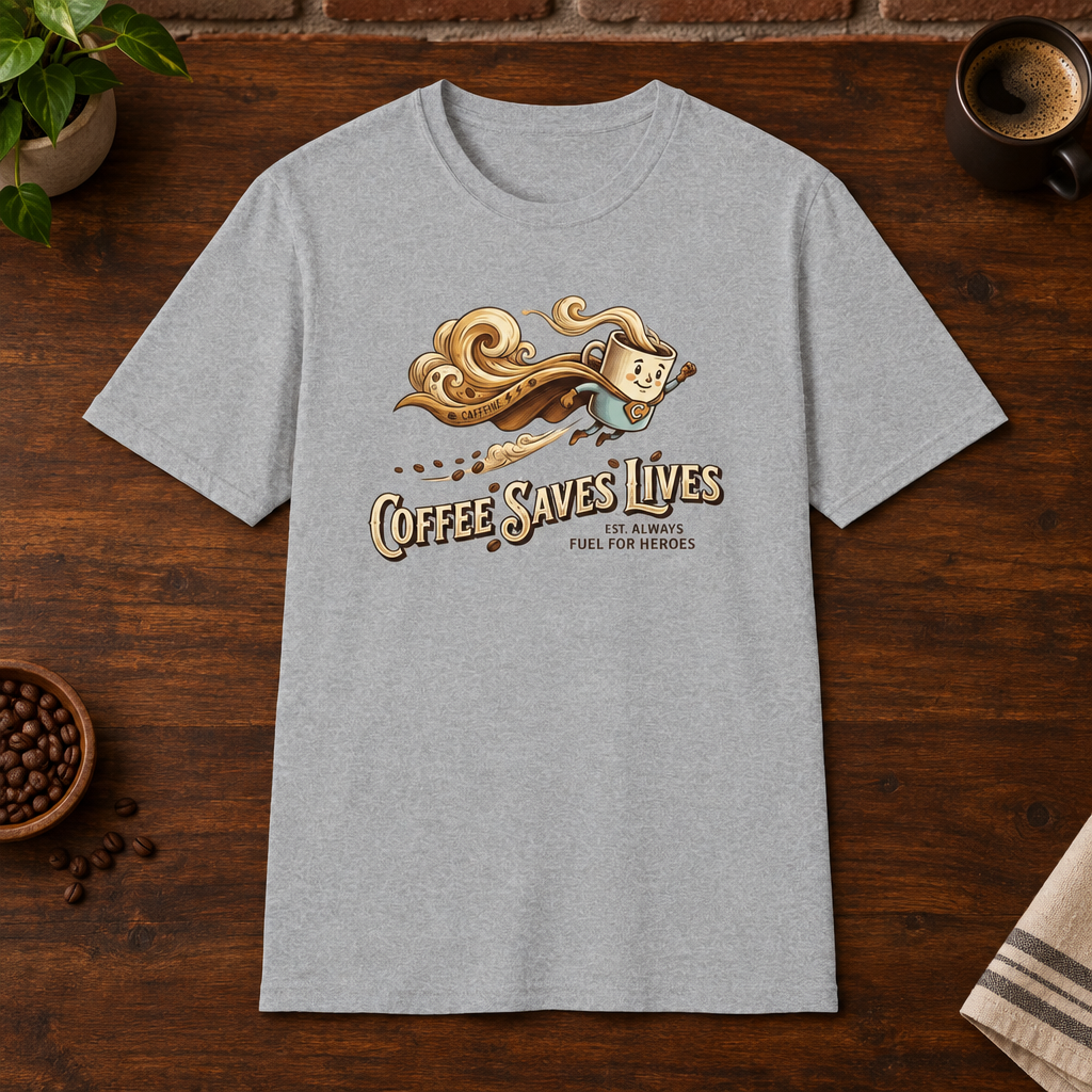 Coffee Saves Lives T-Shirt Sport Grey subtly closer coffee-bar flat lay