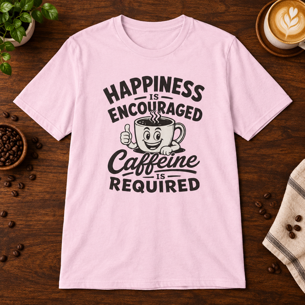 Caffeine is Required T-Shirt Light Pink on warm coffee bar