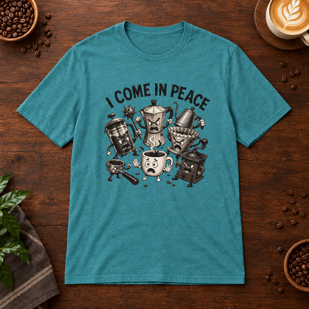 I Come in Peace T-Shirt Heather Galapagos Blue on warm coffee bar