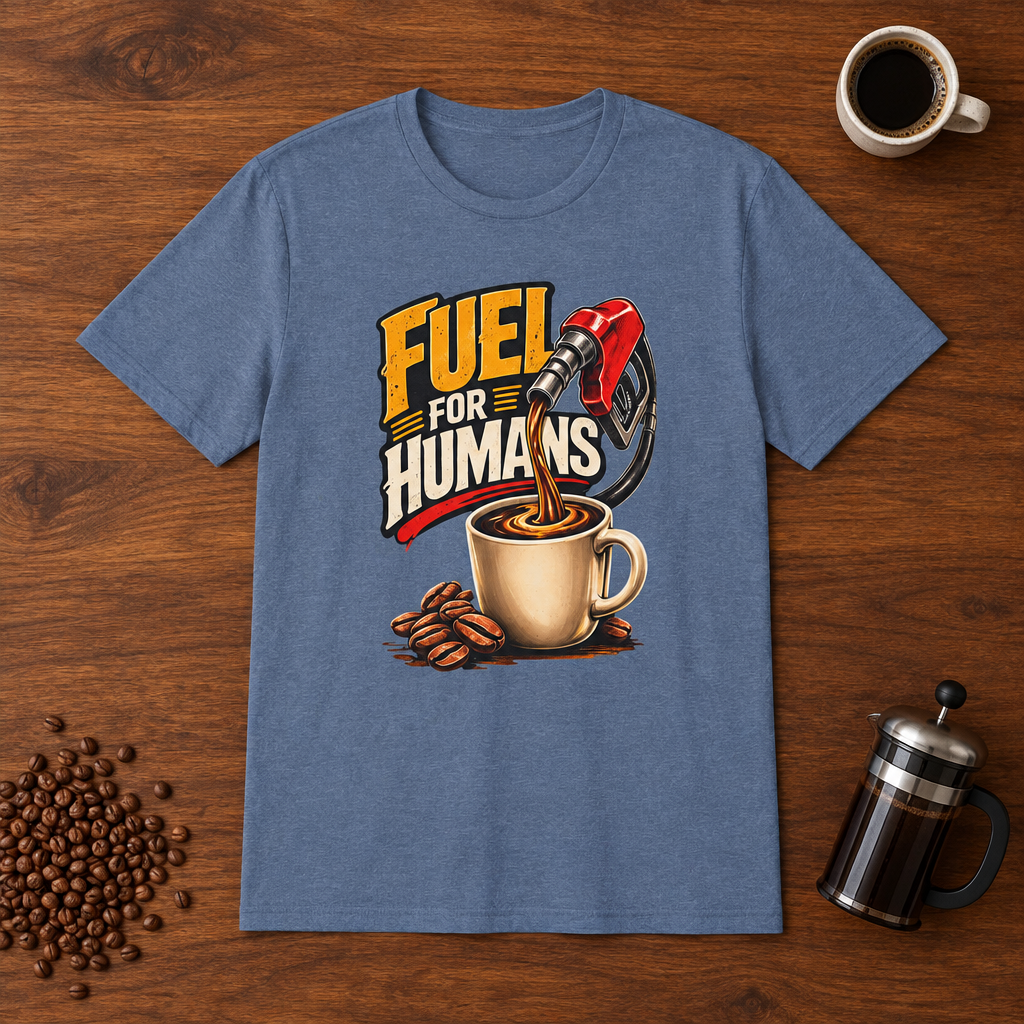 Fuel For Humans T-Shirt Heather Indigo coffee-bar flat lay