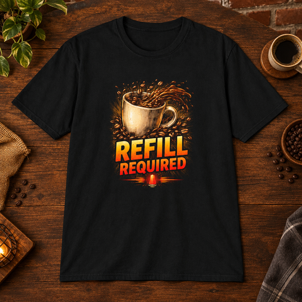 Refill Required T-Shirt Black close-fill short-sleeve warm coffee-bar flat lay