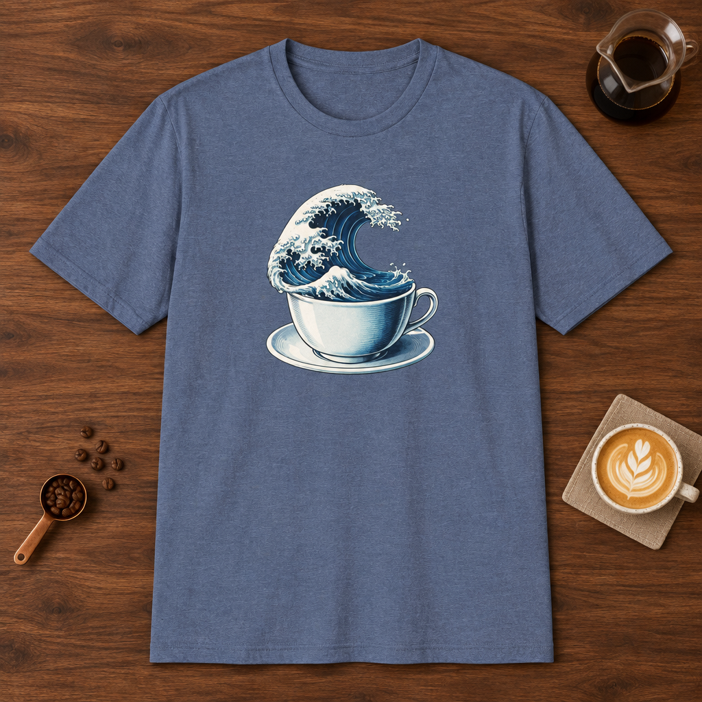 Coffee Tsunami T-Shirt Heather Indigo coffee bar mockup