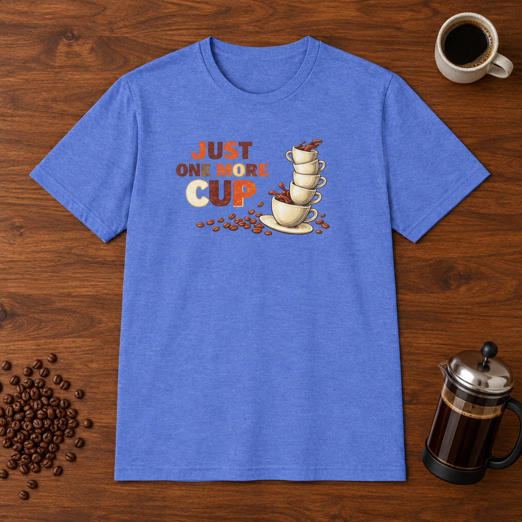 Just One More Cup T-Shirt Heather Royal coffee-bar flat lay
