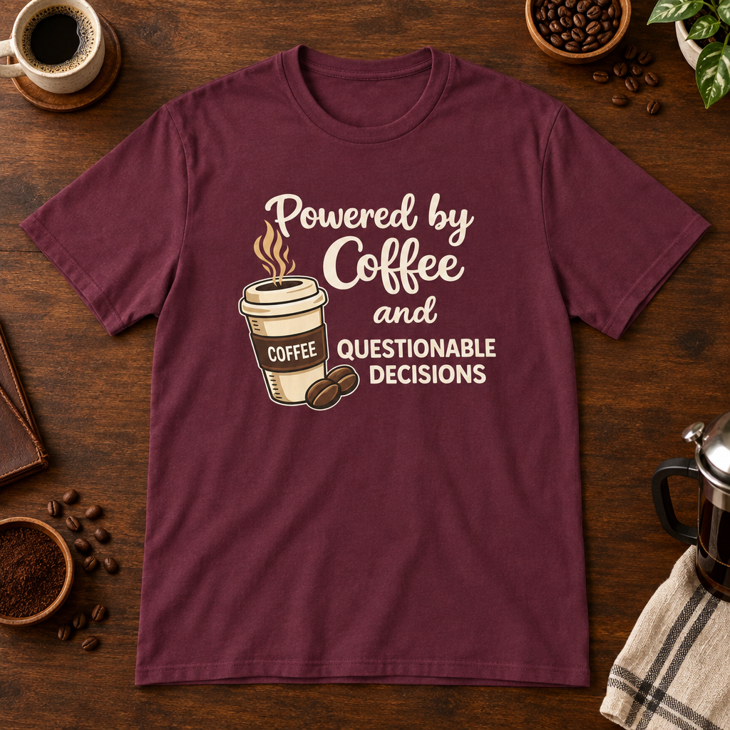 Powered by Coffee T-Shirt Maroon coffee-bar flat lay