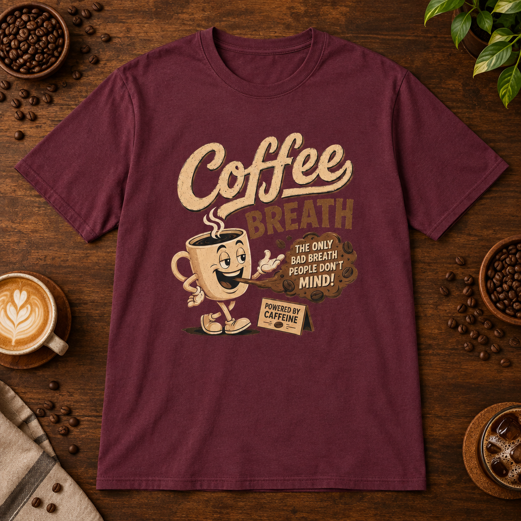 Coffee Breath T-Shirt Maroon on warm coffee bar