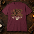 Legendary Coffee Connoisseur T-Shirt in Maroon, coffee bar flat lay mockup