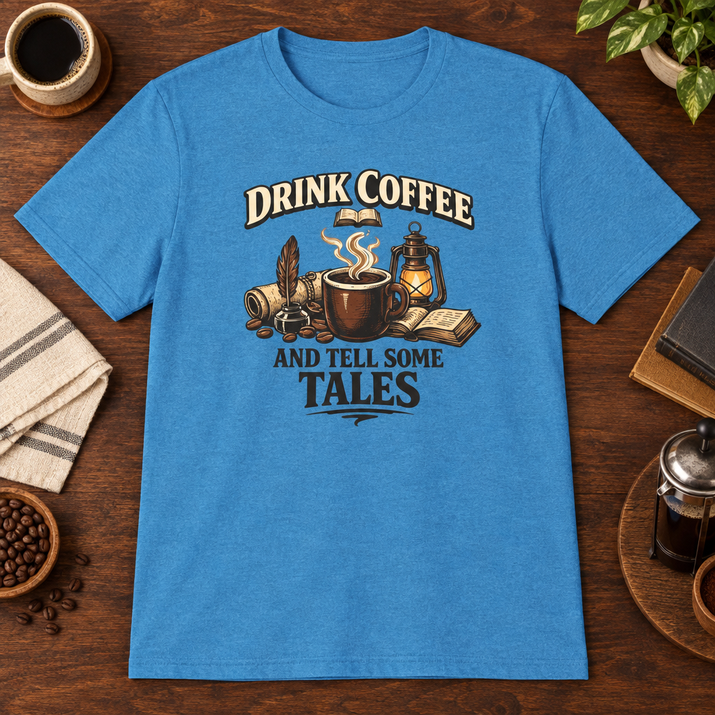 Tell Tales T-Shirt Heather Sapphire close-fill short-sleeve coffee-bar flat lay