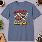 Running Late Drinking Coffee T-Shirt in Black, zoomed lifestyle mockup