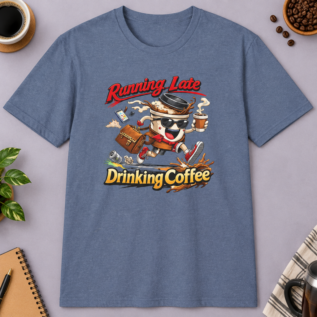 Running Late Drinking Coffee T-Shirt in Black, zoomed lifestyle mockup