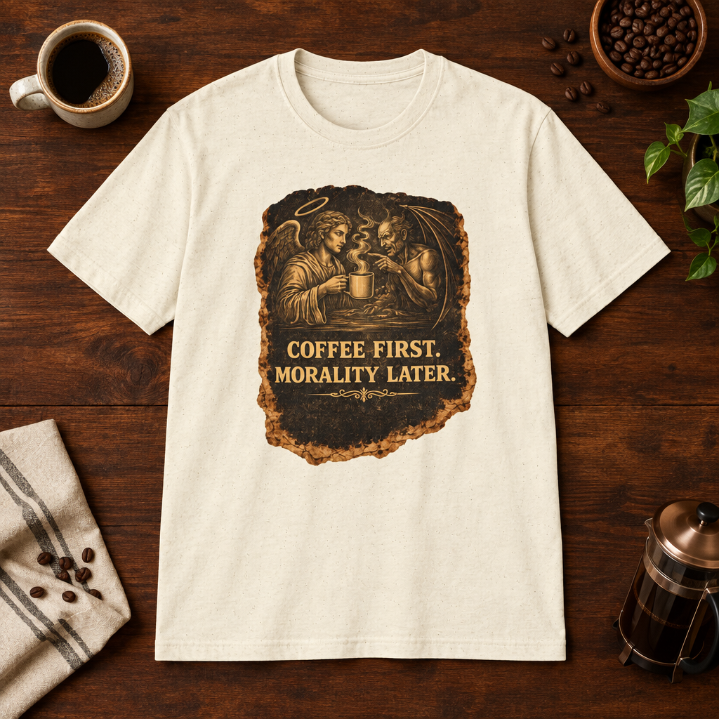Heaven and Hell T-Shirt Natural short-sleeve coffee-bar flat lay