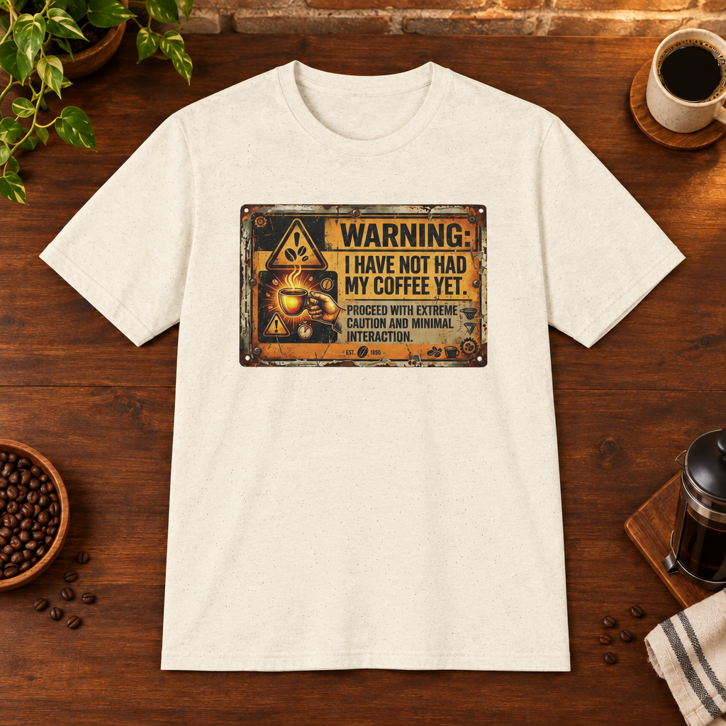 Warning Sign T-Shirt Natural coffee-bar flat lay, Sport Grey-matched framing