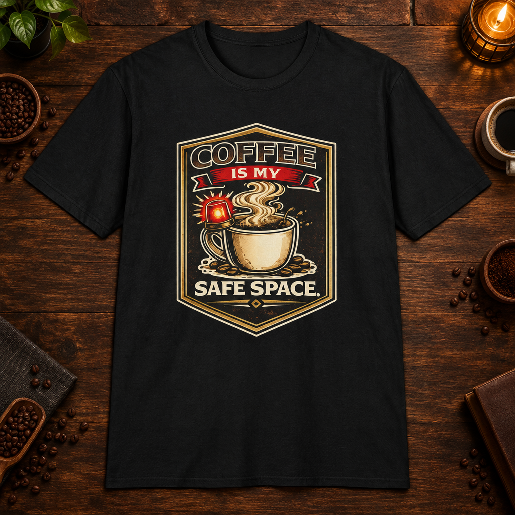 Coffee is My Safe Space T-Shirt in Black, zoomed lifestyle mockup