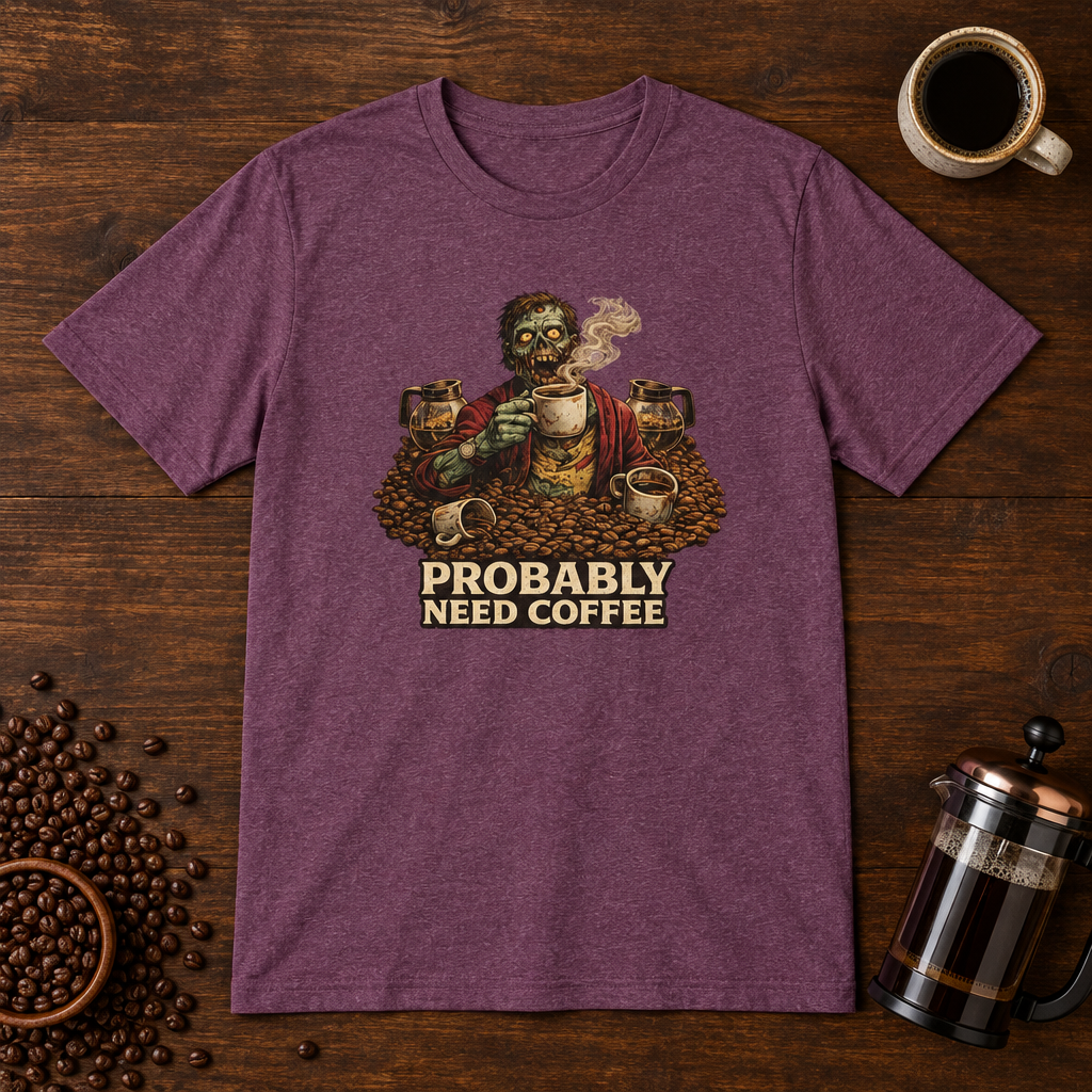 Probably Need Coffee Too T-Shirt Heather Maroon coffee-bar flat lay