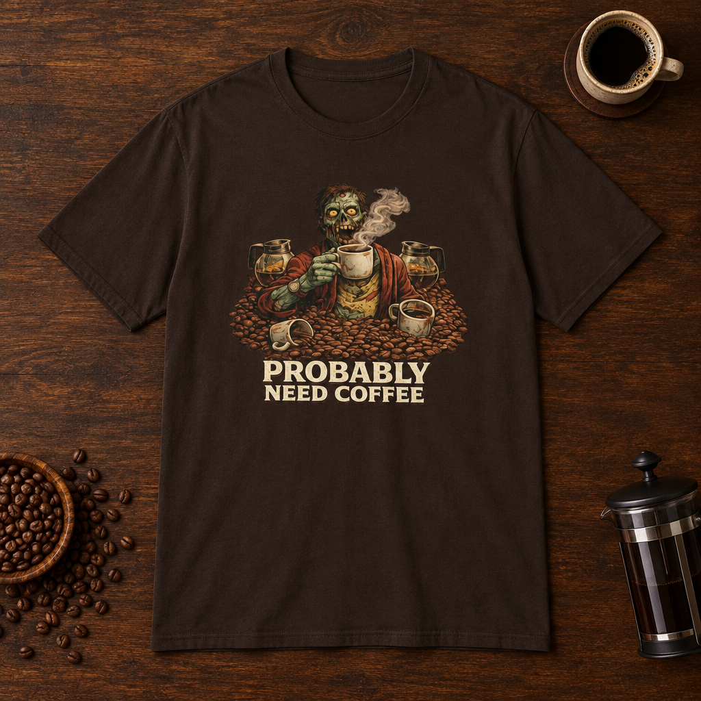 Probably Need Coffee Too T-Shirt Dark Chocolate coffee-bar flat lay