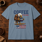 Coffee Patriot T-Shirt in Stone Blue, overhead coffee-bar flat-lay mockup