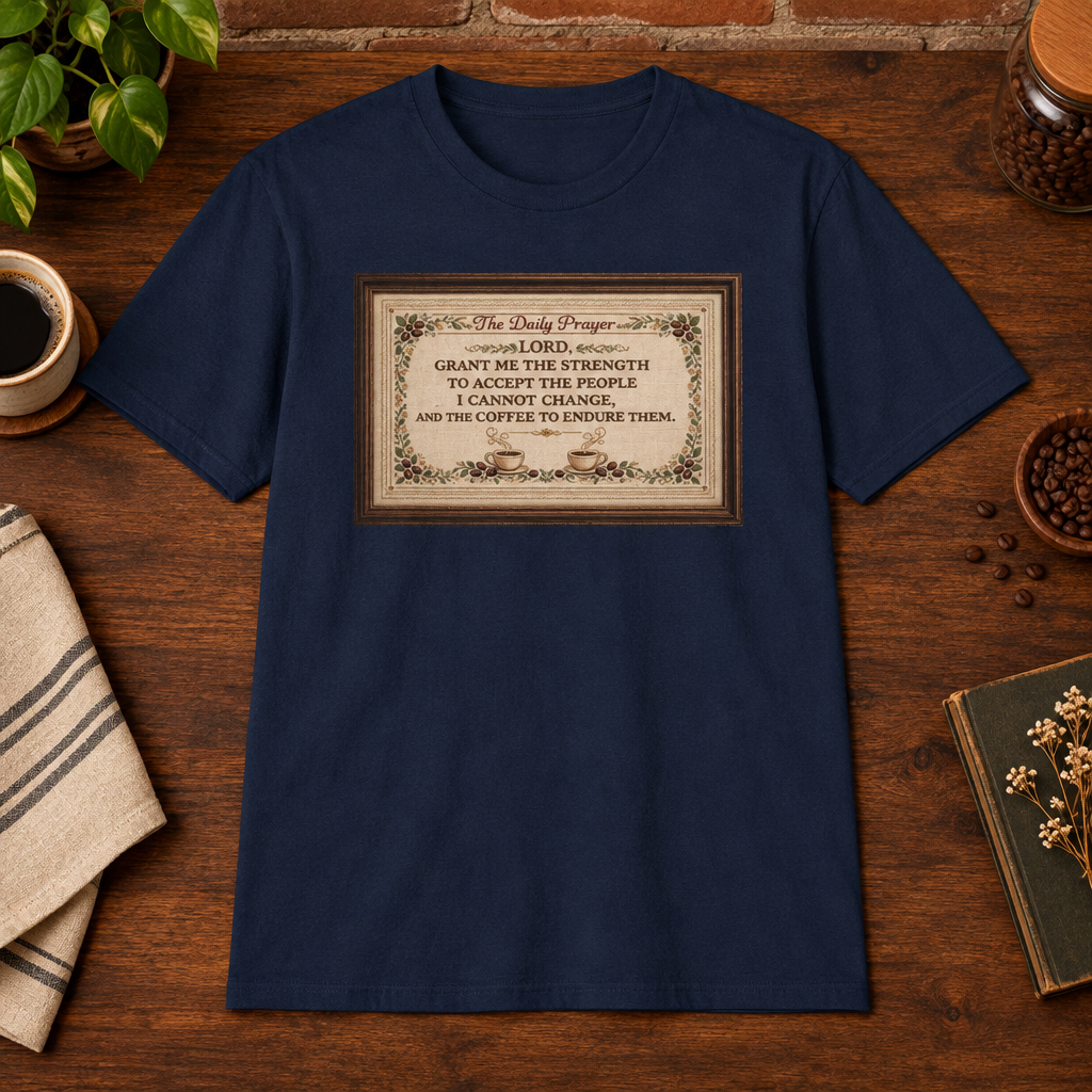 Daily Prayer T-Shirt Navy close-fill short-sleeve coffee-bar flat lay