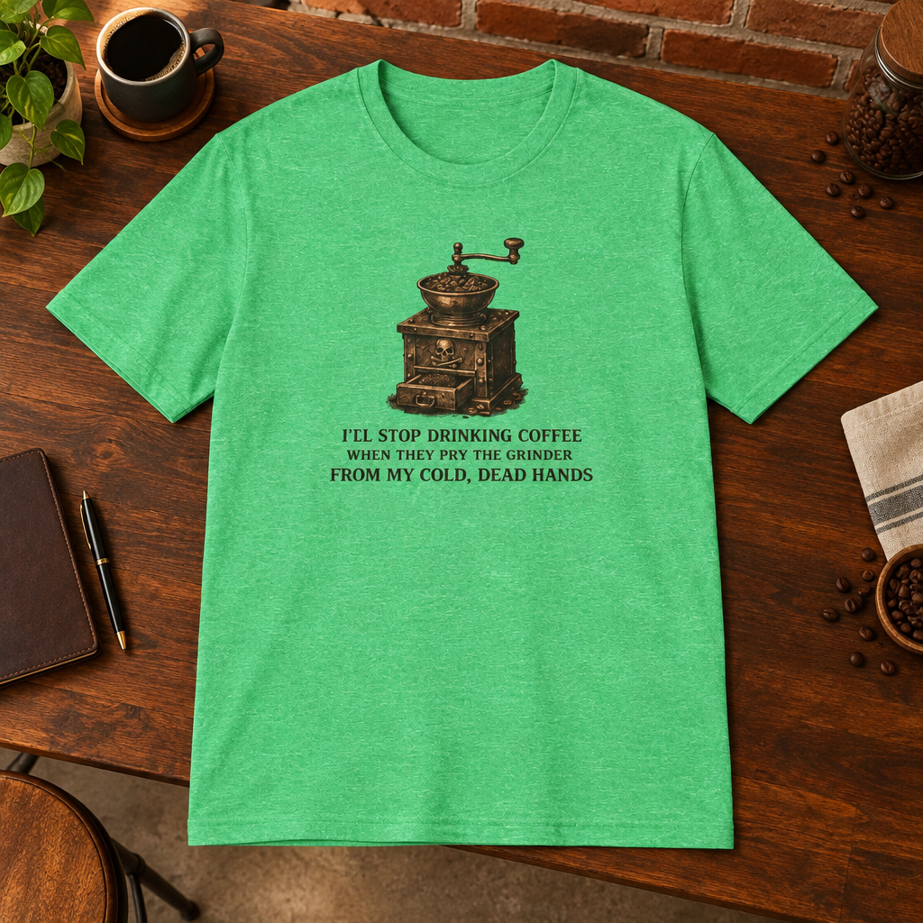 I'll Stop Drinking T-Shirt Heather Irish Green close-fill short-sleeve coffee-bar flat lay