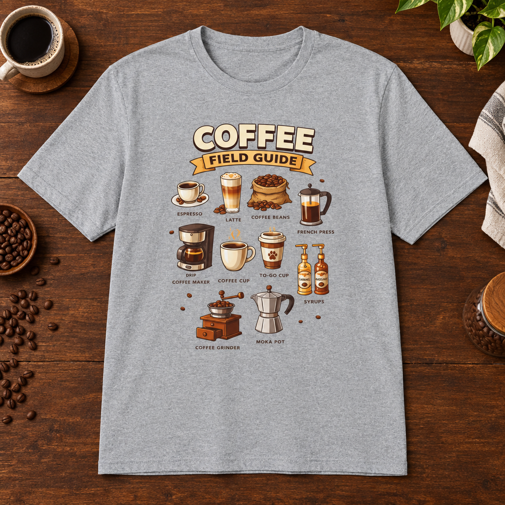 Coffee Field Guide T-Shirt Sport Grey short-sleeve coffee-bar flat lay