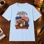 God Bless America T-Shirt Light Blue close-fill short-sleeve coffee-bar flat lay