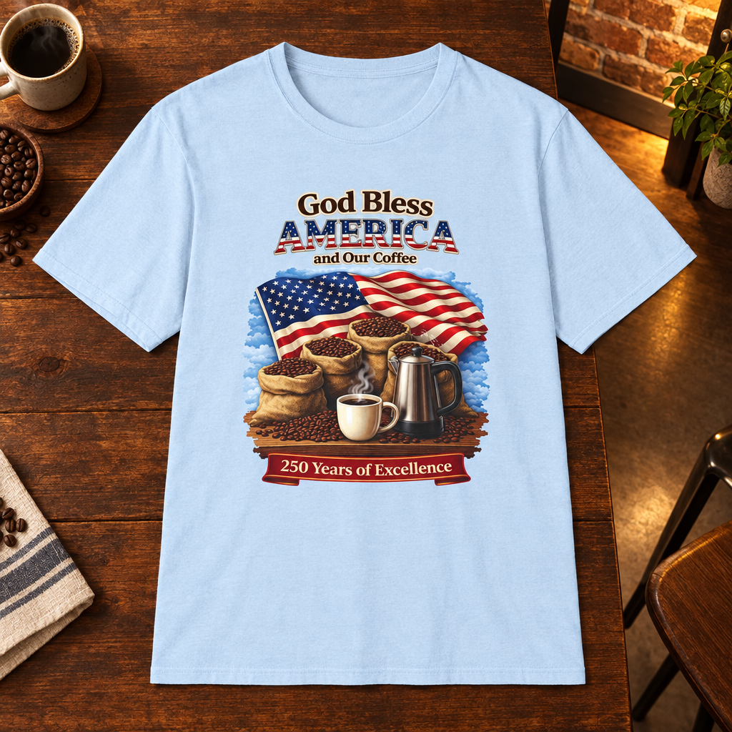 God Bless America T-Shirt Light Blue close-fill short-sleeve coffee-bar flat lay
