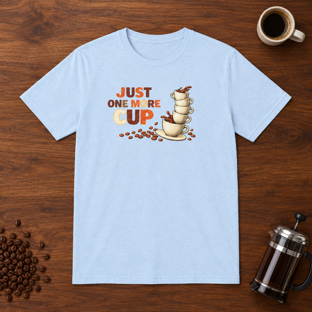 Just One More Cup T-Shirt Light Blue coffee-bar flat lay