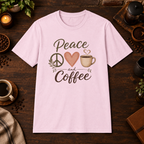 Peace, Love and Coffee T-Shirt in Light Pink, coffee bar flat lay mockup