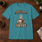 The Day is Starting T-Shirt Heather Galapagos Blue short-sleeve coffee-bar flat lay