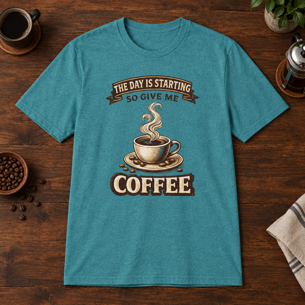The Day is Starting T-Shirt Heather Galapagos Blue short-sleeve coffee-bar flat lay