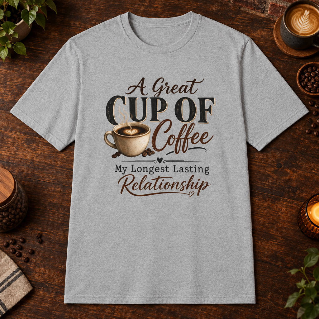 A Great Cup of Coffee T-Shirt Sport Grey flat-lay mockup