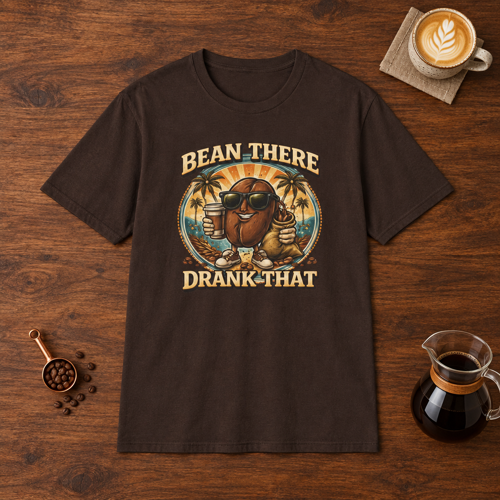 Bean There Drank That T-Shirt Dark Chocolate flat lay on walnut coffee bar
