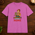 Barista Level T-Shirt in Heather Berry, overhead coffee-bar flat-lay mockup