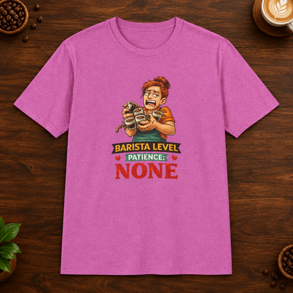 Barista Level T-Shirt in Heather Berry, overhead coffee-bar flat-lay mockup