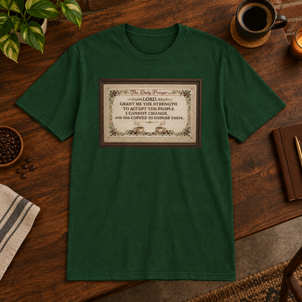 Daily Prayer T-Shirt Forest Green close-fill short-sleeve coffee-bar flat lay