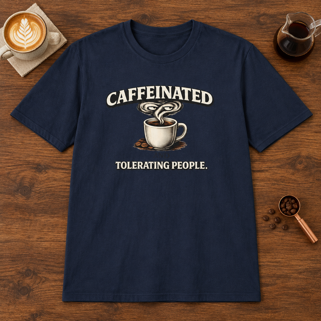 Caffeinated Tolerating People T-Shirt Navy coffee bar mockup