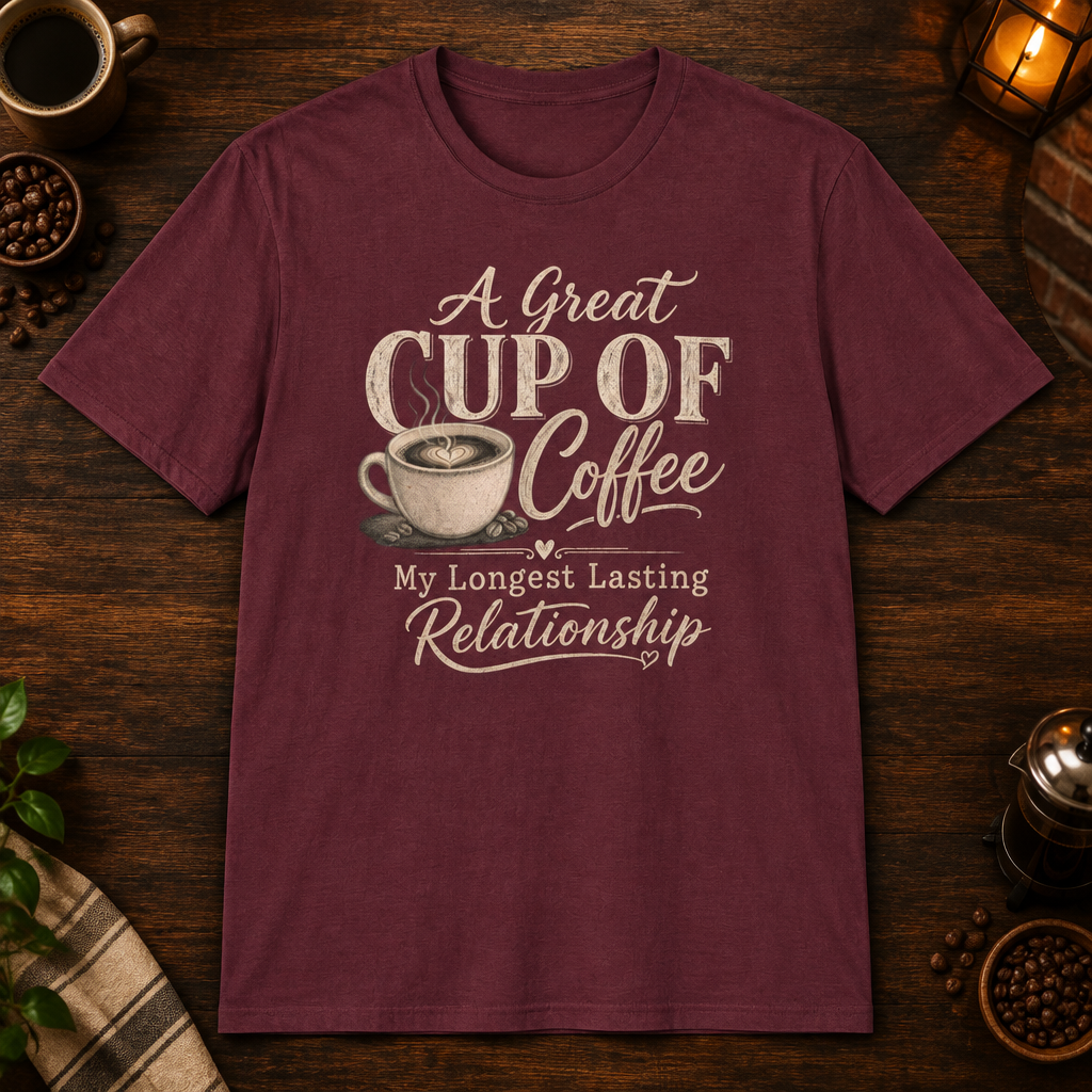 A Great Cup of Coffee T-Shirt Maroon flat-lay mockup