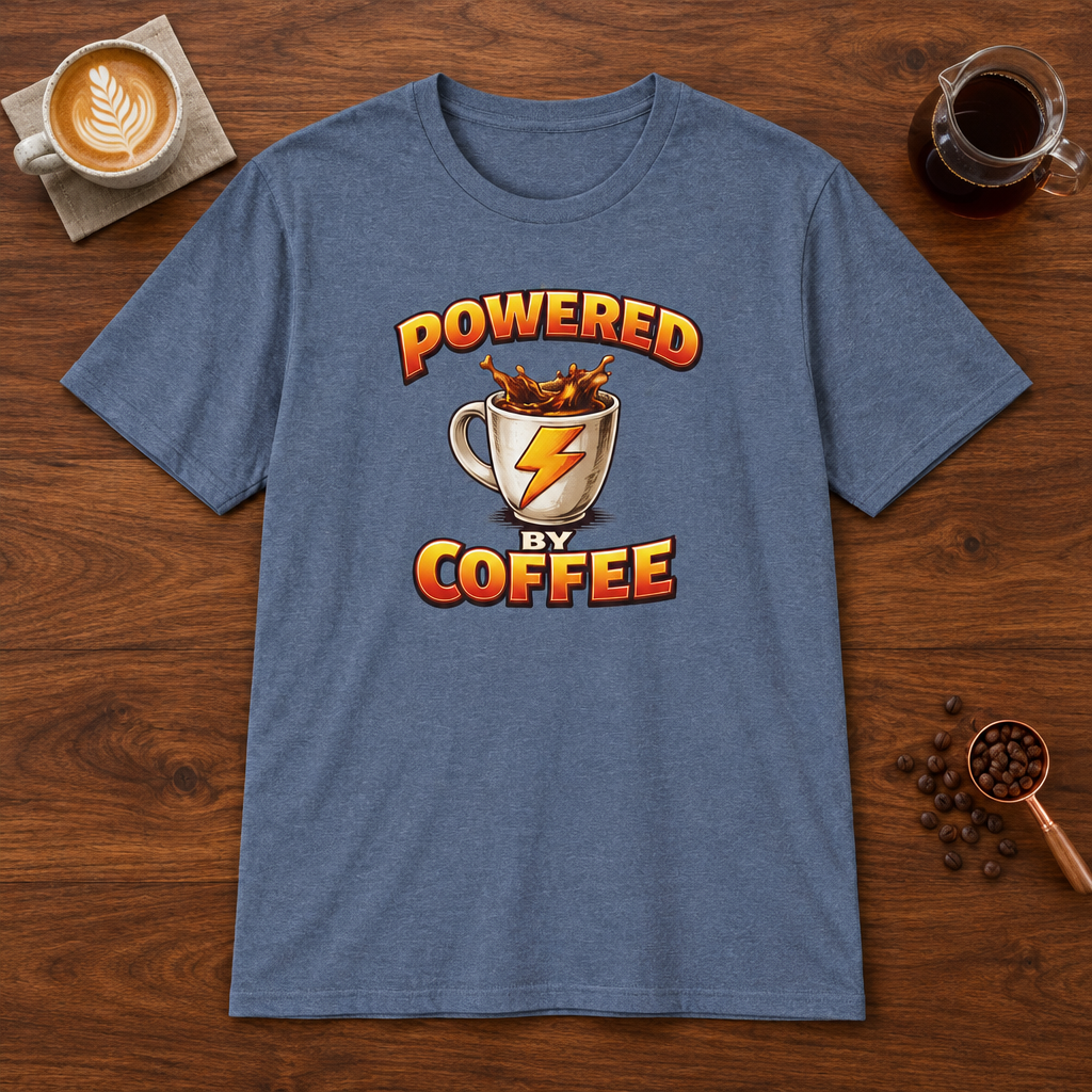 Powered by Coffee T-Shirt Heather Indigo coffee bar mockup