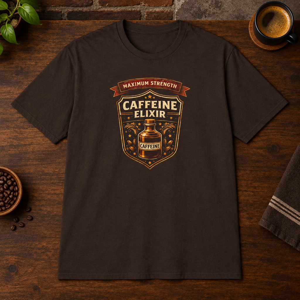 Caffeine Elixir T-Shirt Dark Chocolate close-fill short-sleeve coffee-bar flat lay