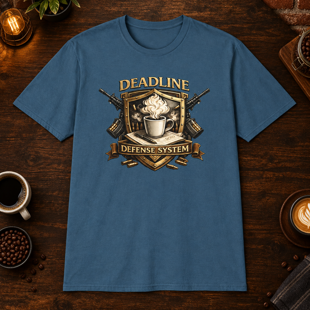 Deadline Defense System T-Shirt in Indigo Blue, zoomed lifestyle mockup