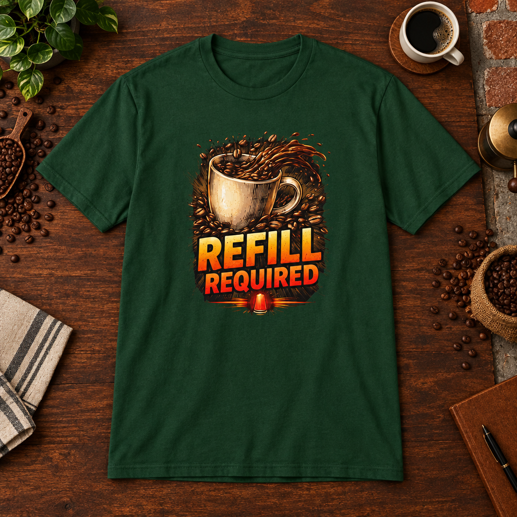 Refill Required T-Shirt Forest Green close-fill short-sleeve coffee-bar flat lay