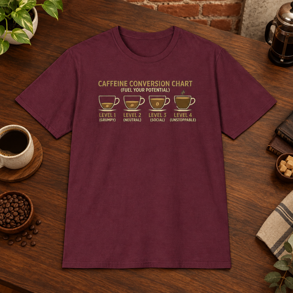 Caffeine Conversion T-Shirt Maroon close-fill short-sleeve coffee-bar flat lay
