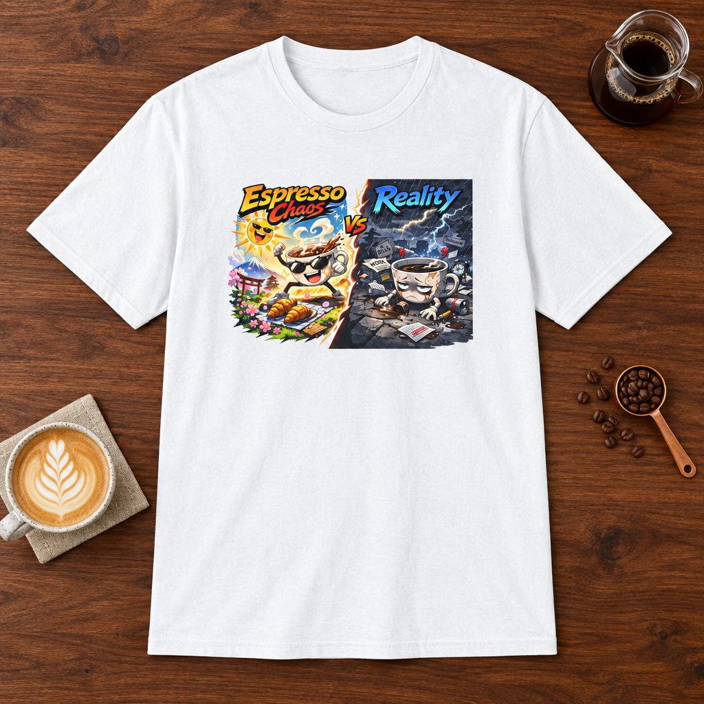 Espresso Chaos vs Reality T-Shirt White coffee bar mockup